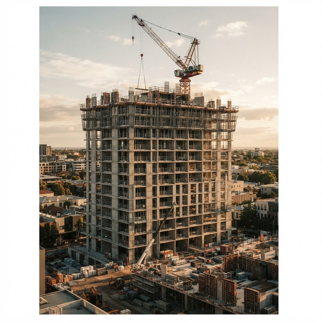 Mid-rise residential development under construction with tower crane in late afternoon light