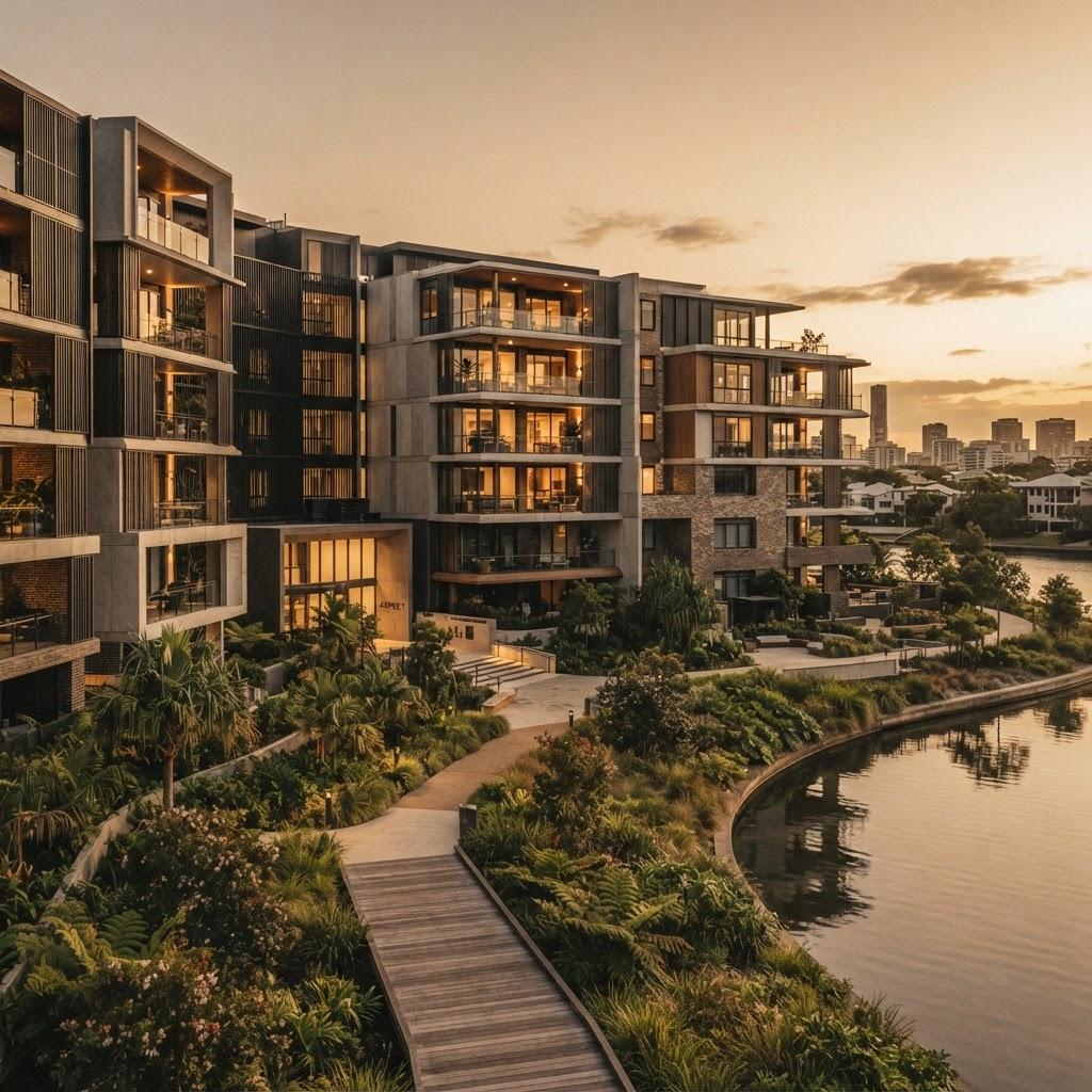 Completed residential apartment development with landscaped grounds at golden hour
